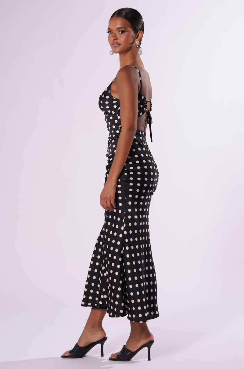 NANCY SATIN POLKA DOT MIDI DRESS