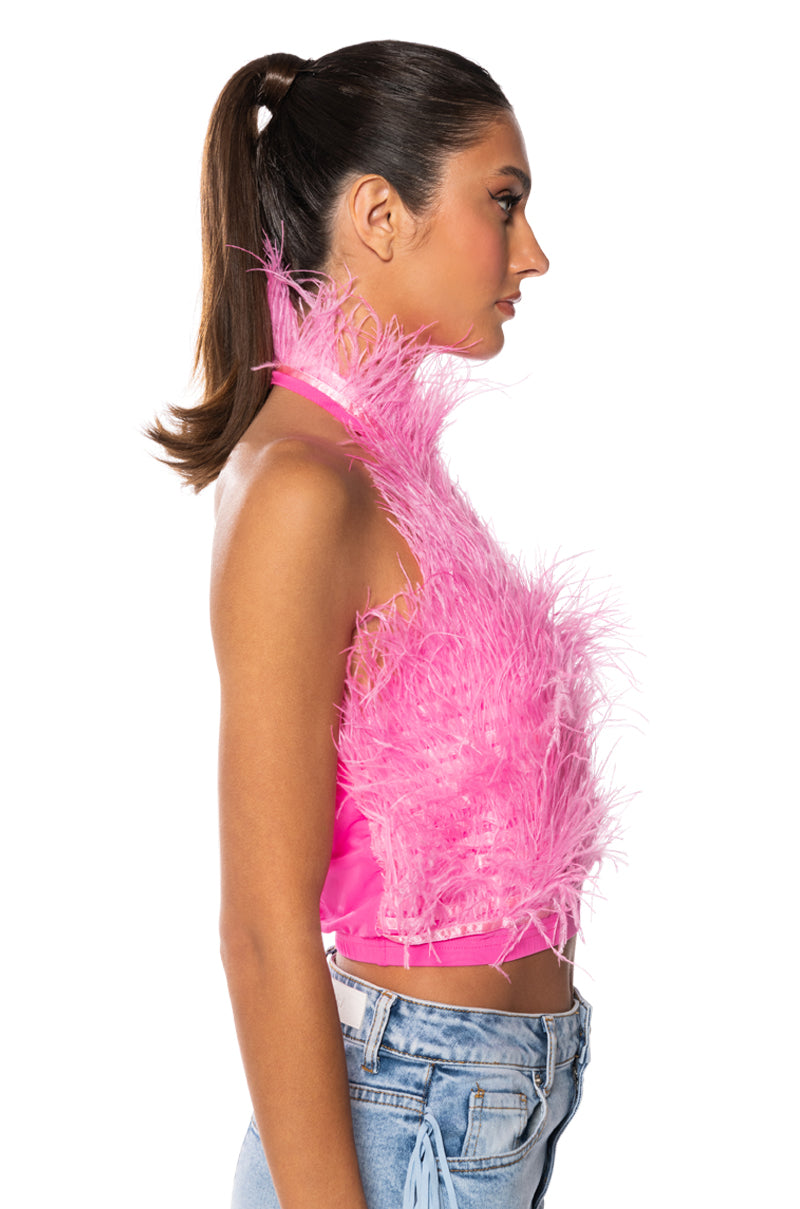 GENUINE OSTRICH FEATHER SLEEVELESS CROPPED HALTER BLOUSE