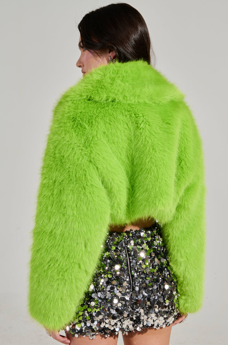 LIGHTS OUT CROPPED FAUX FUR JACKET IN LIME