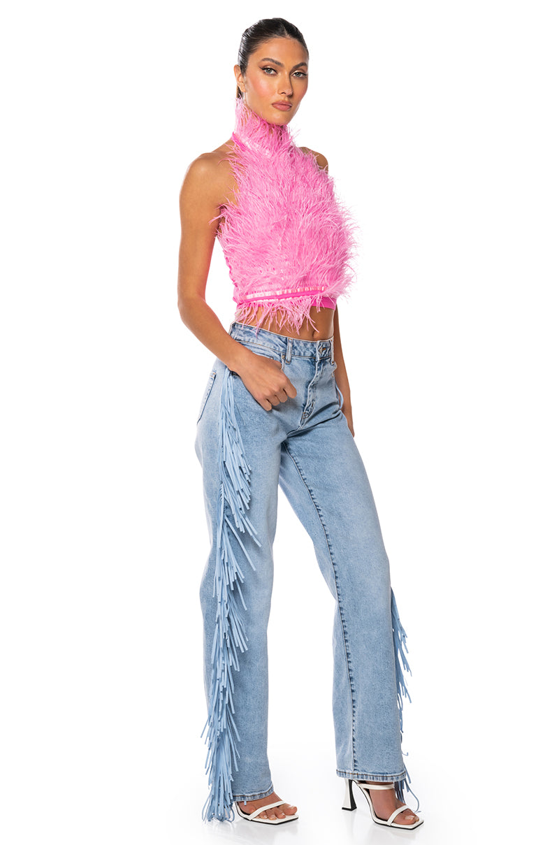 GENUINE OSTRICH FEATHER SLEEVELESS CROPPED HALTER BLOUSE