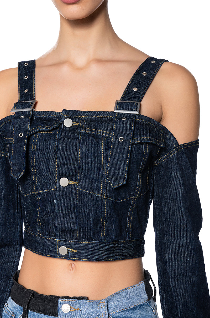 SWEETIE COLD SHOULDER RAW DENIM JACKET