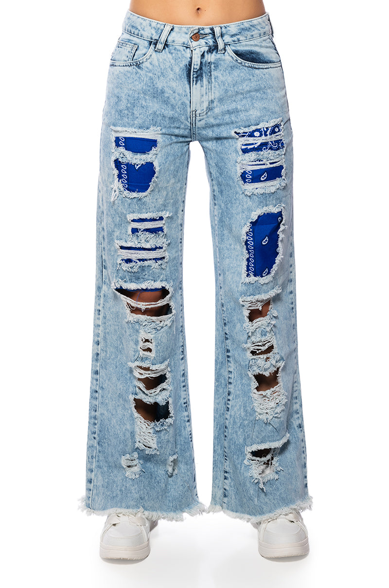 YOUR NEW FAVORITE DISTRESSED PATCHWORK FLARED JEANS