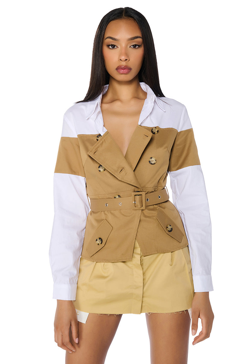 RISKY BUSINESS BUTTON DOWN POPLIN BLOUSE