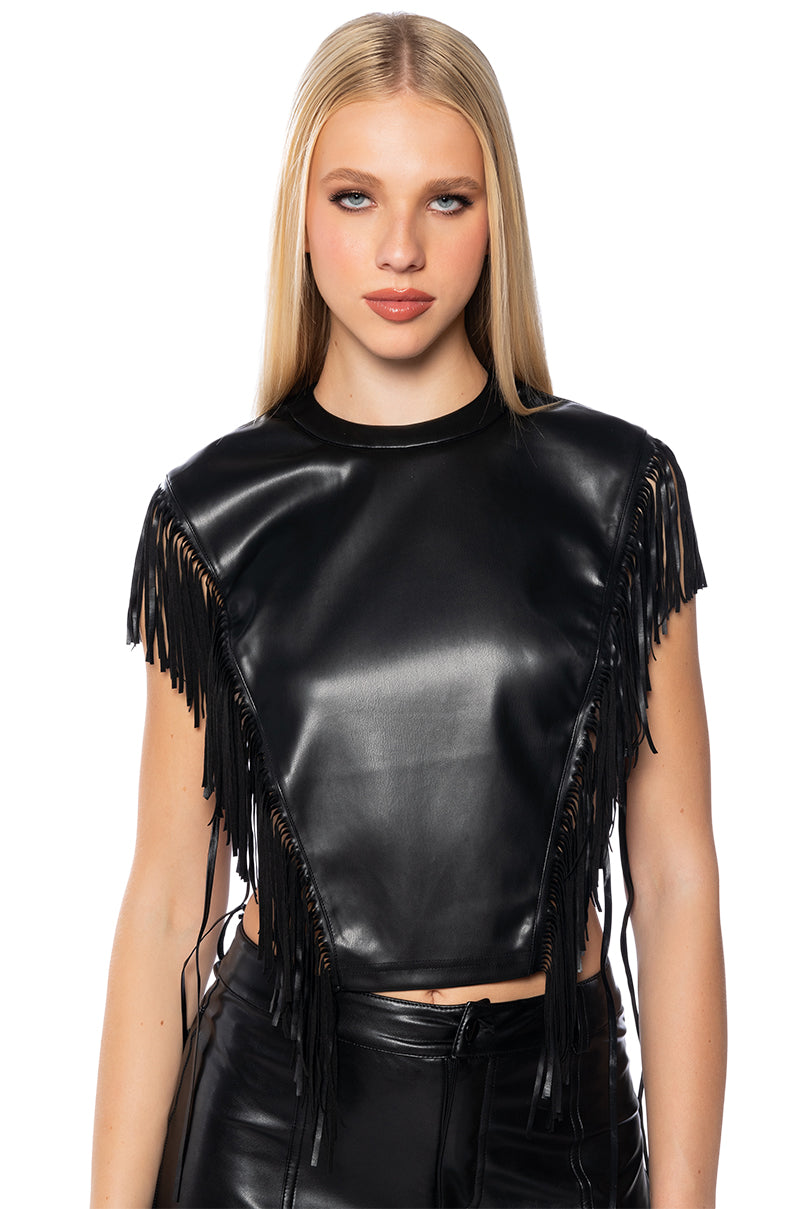 EBONY FAUX LEATHER FRINGE TOP