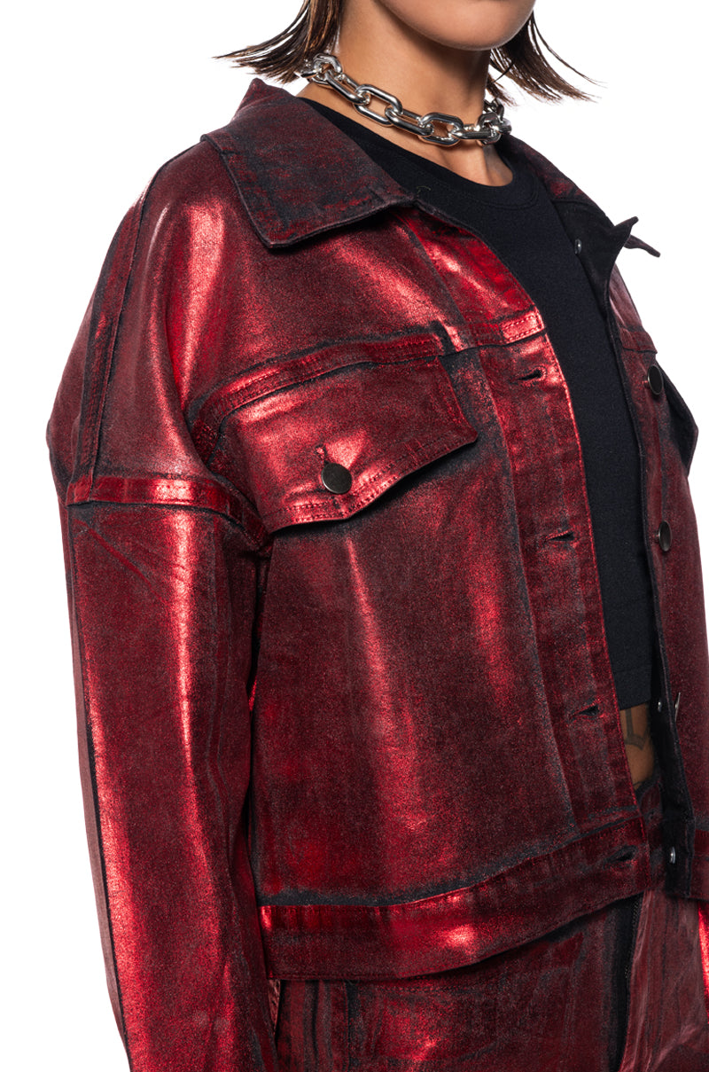 FULL RIDE METALLIC DENIM JACKET IN RED