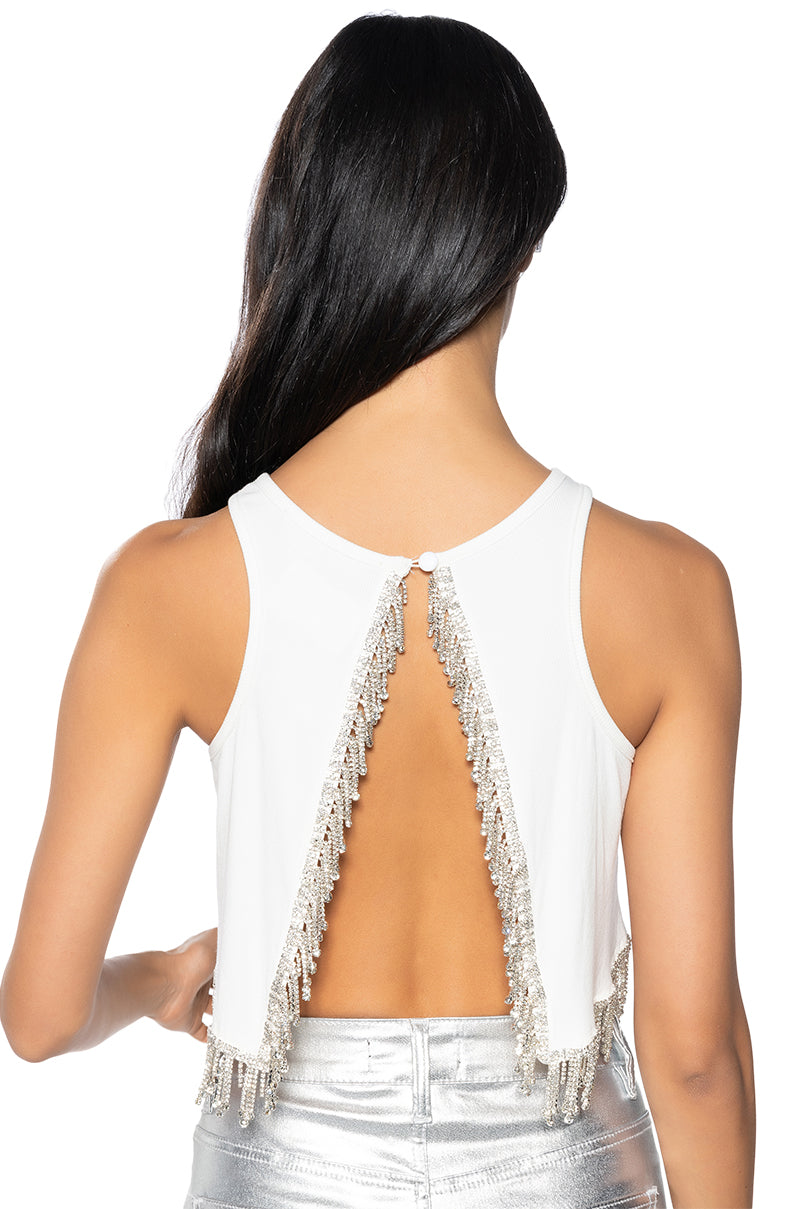 FEVER DREAM RHINESTONE FRINGE OPEN BACK TANK TOP