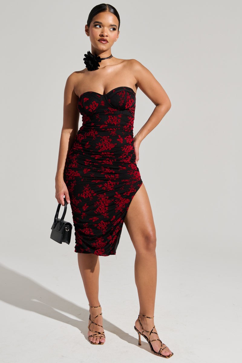 CLARA FLORAL VELVET BURNOUT MIDI DRESS