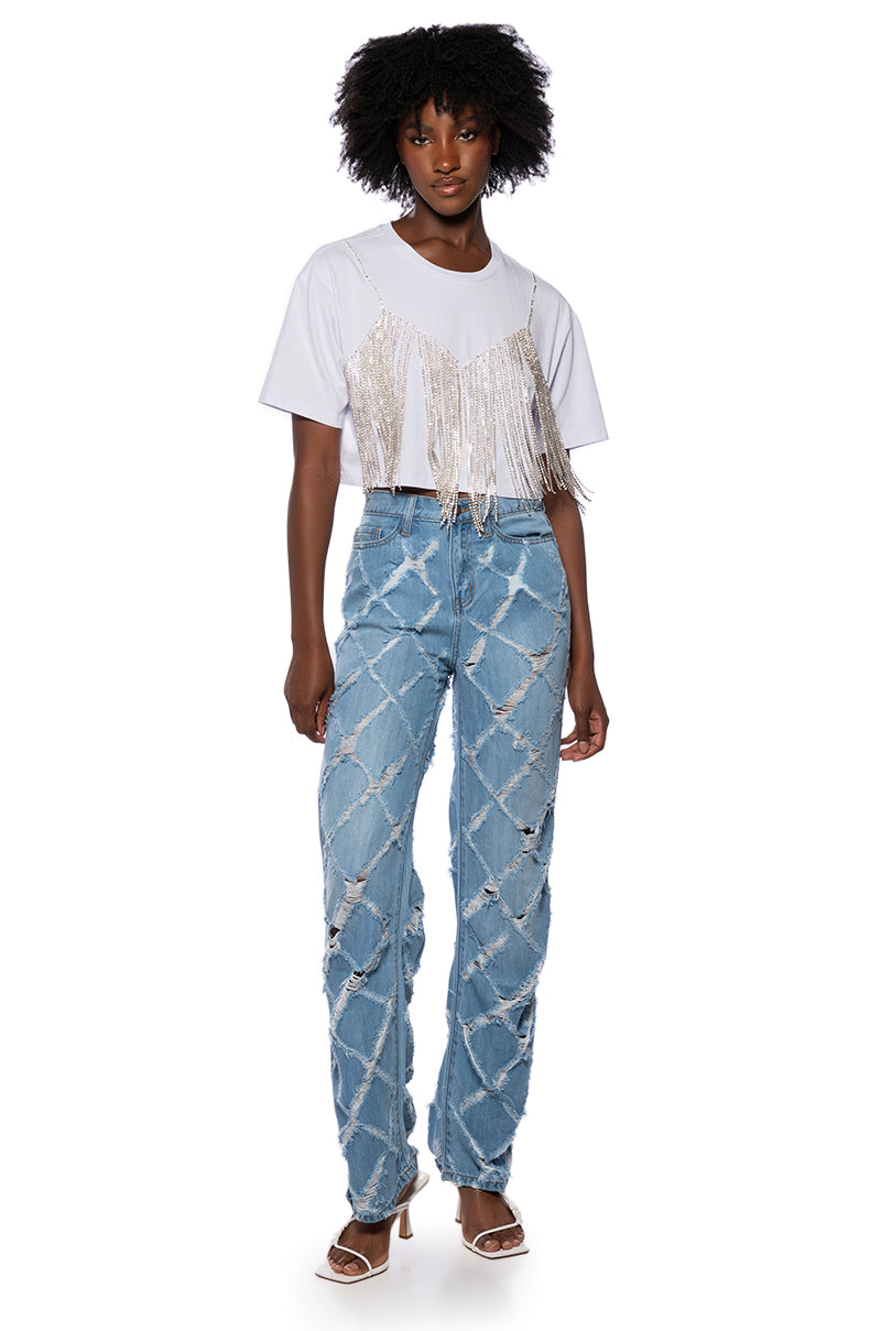 KIT CRISS CROSS DISTRESSED WIDE LEG JEANS