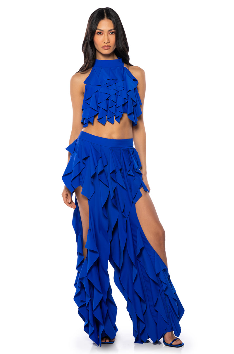 SERENITY RUFFLED HALTER NECK TOP IN BLUE