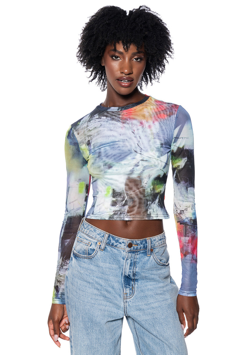 ABSTRACT ART LONG SLEEVE MESH TOP