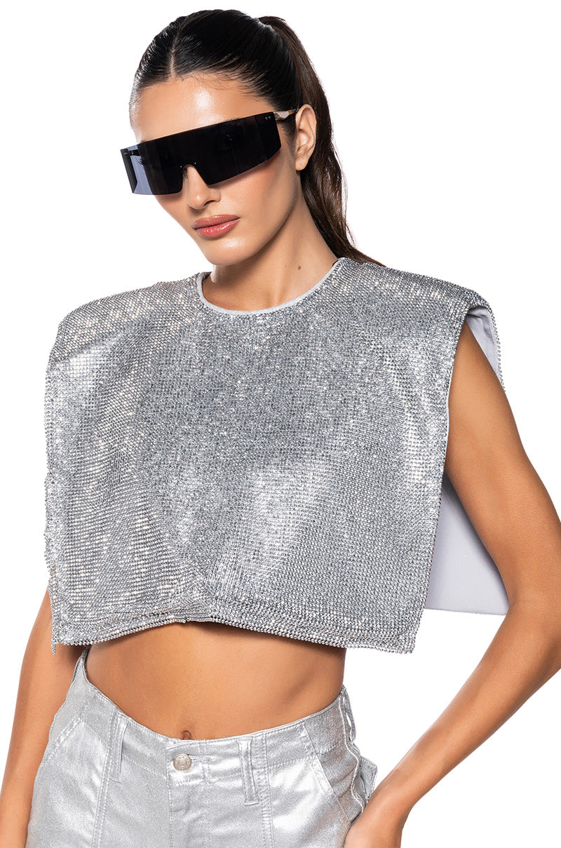 DISCO BABE SLEEVELESS RHINESTONE CROP TOP IN WHITE