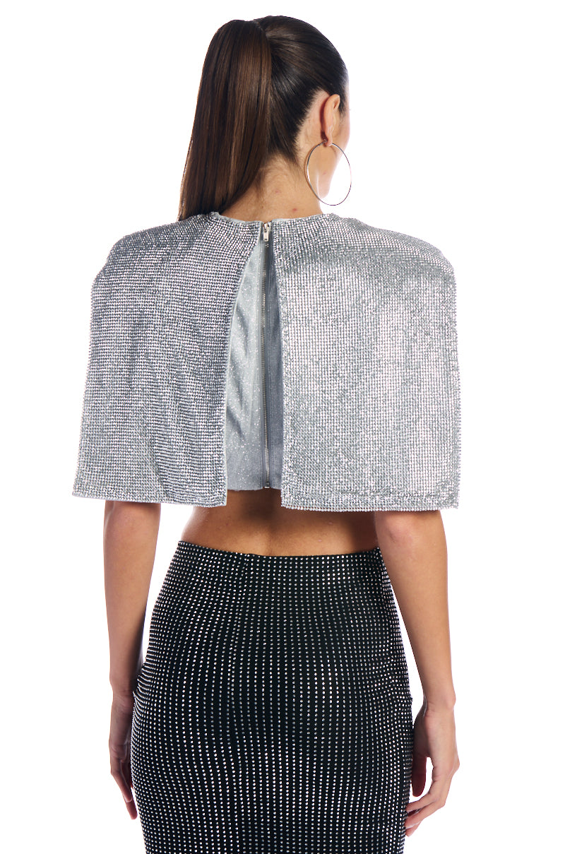 DISCO BABE SLEEVELESS RHINESTONE CROP TOP IN WHITE