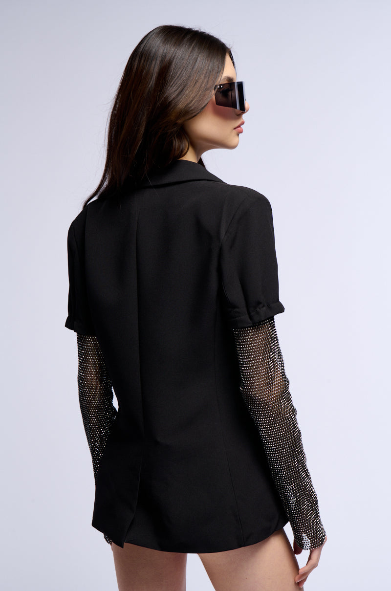 BONJOUR RHINESTONE SLEEVE BLAZER IN BLACK