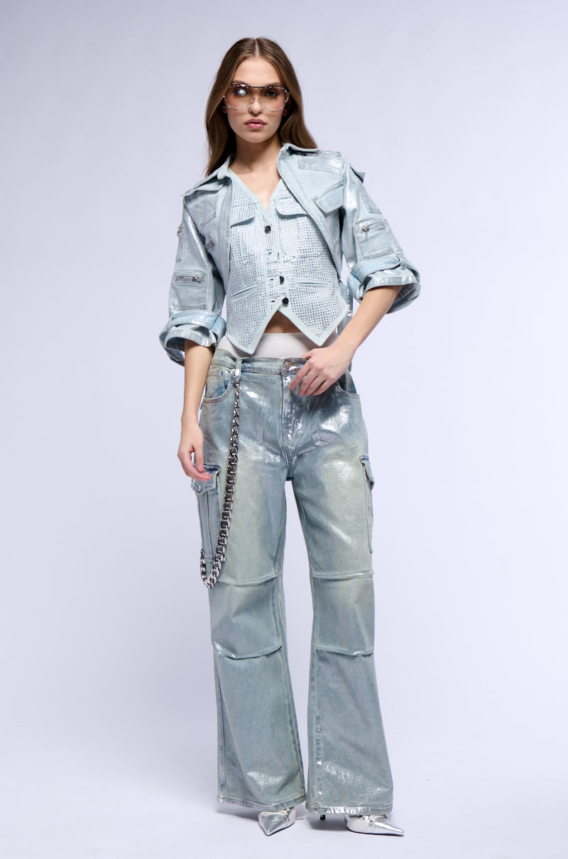 CARGO CROPPED CUT METALLIC DENIM JACKET