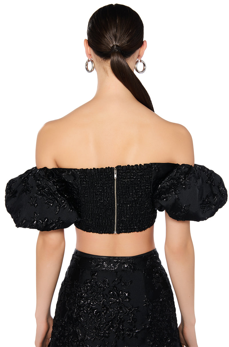 BEATRIX BROCADE OFF SHOULDER PUFF SLEEVE CORSET