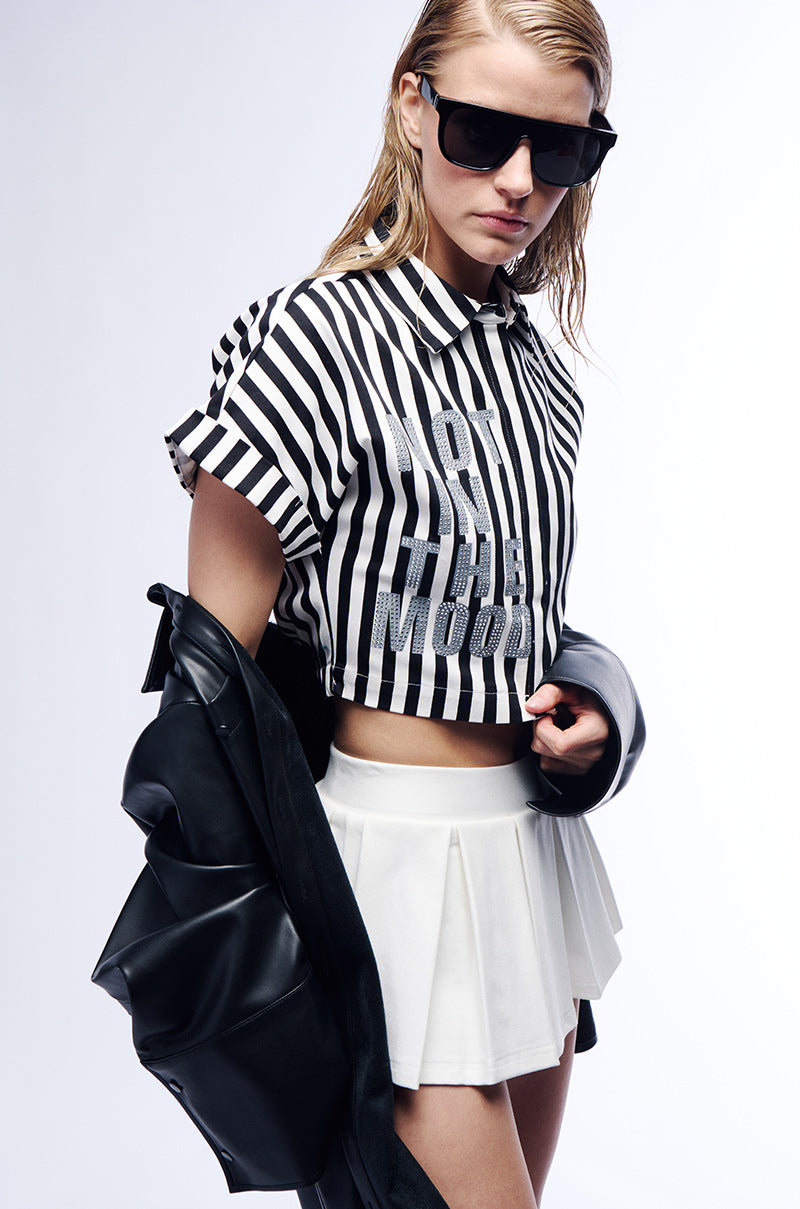 NOT IN THE MOOD STRIPED BUTTON DOWN CROP BLOUSE