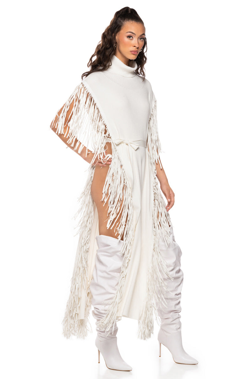 CHEYENNE FAUX LEATHER FRINGE BELTED SWEATER IN IVORY