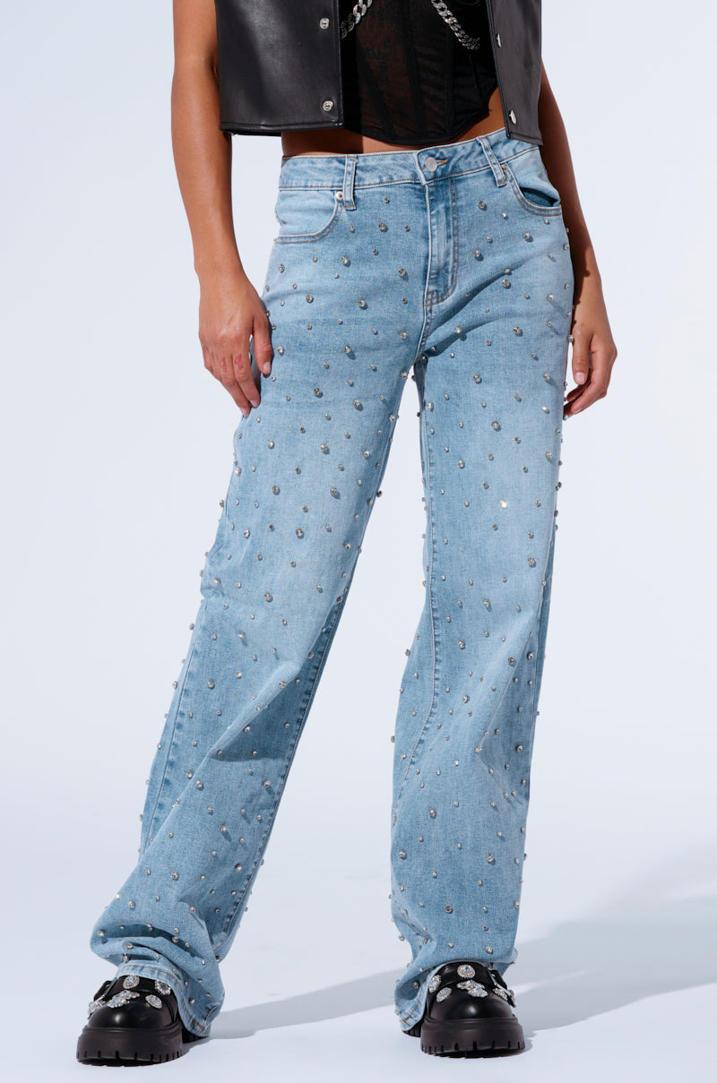 EVERYTIME RHINESTONE EMBELLISHED STRAIGHT LEG JEANS