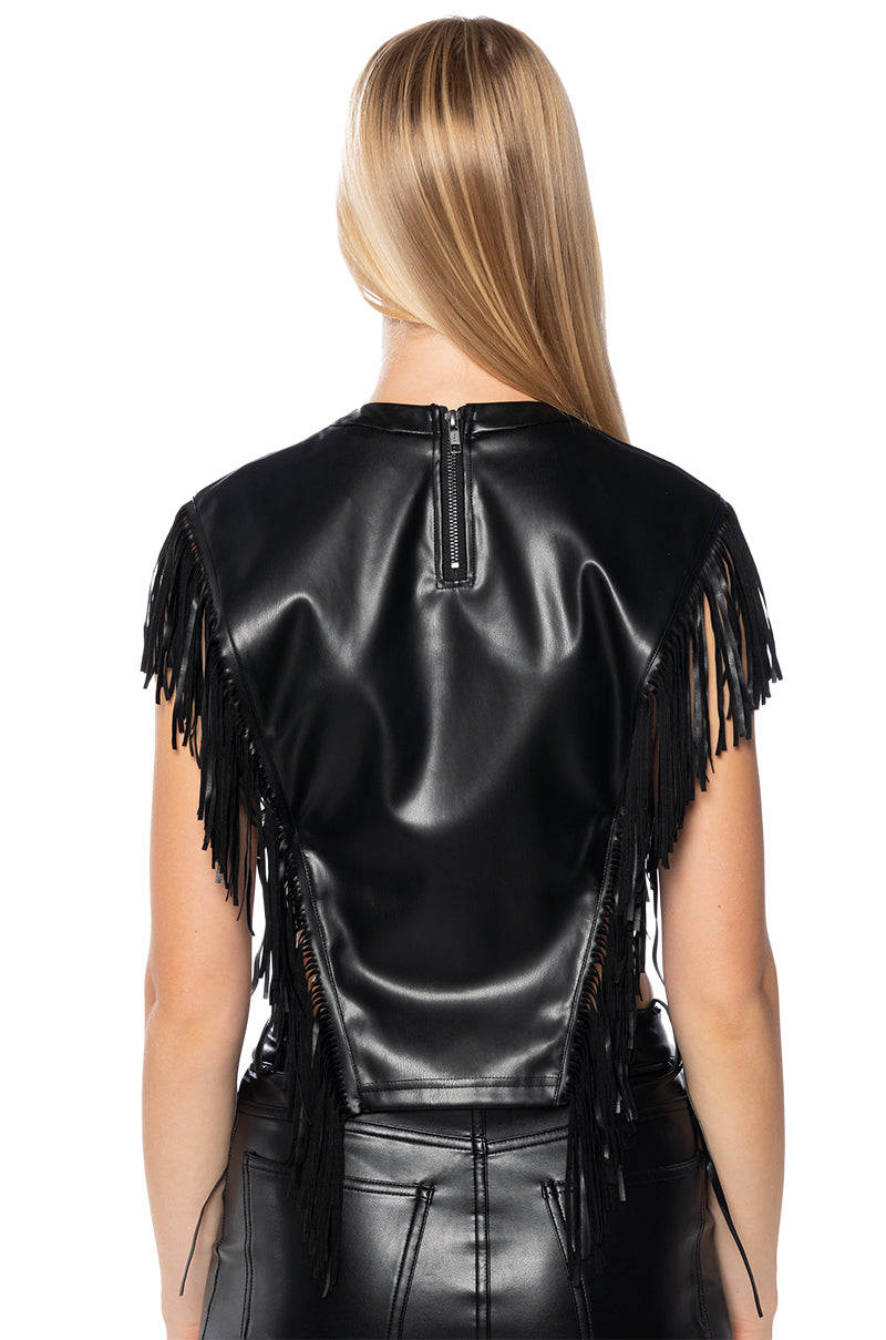 EBONY FAUX LEATHER FRINGE TOP