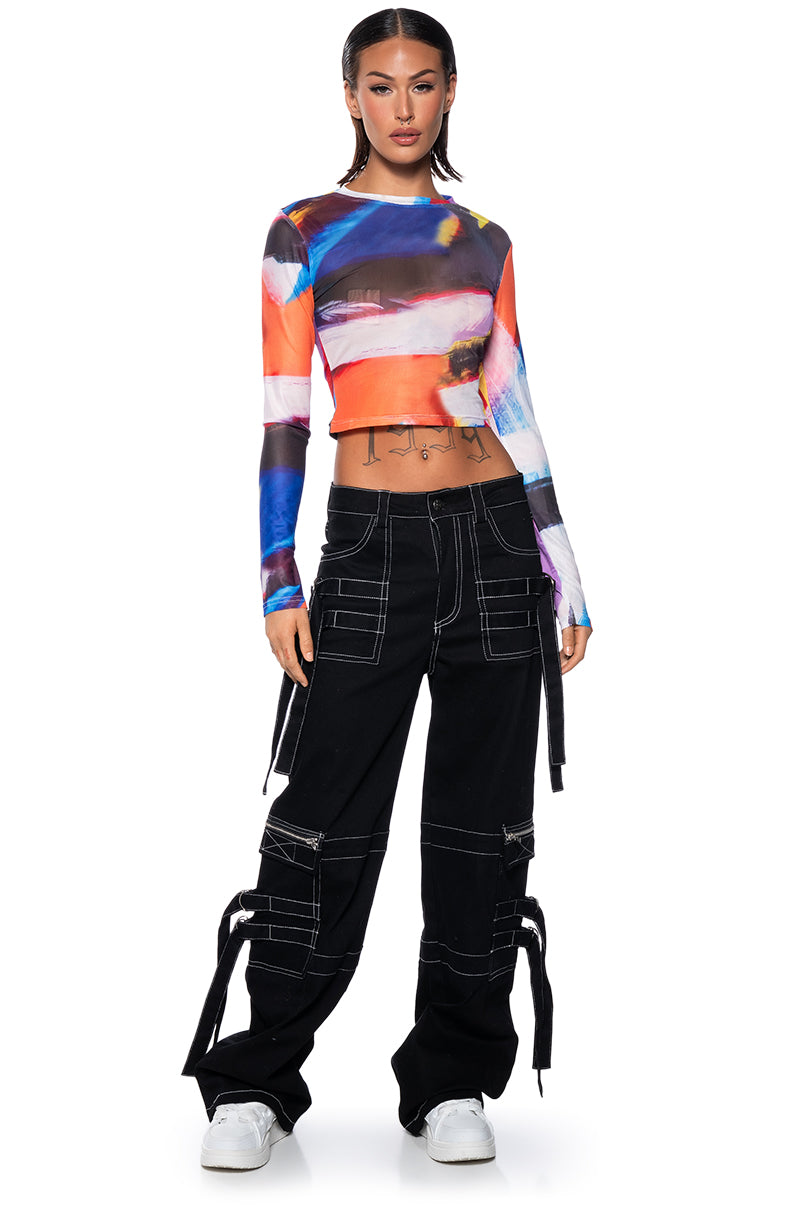 ABSTRACT ART LONG SLEEVE MESH TOP