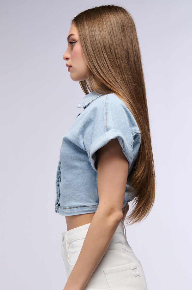 NOT IN THE MOOD CROPPED DENIM SHIRT