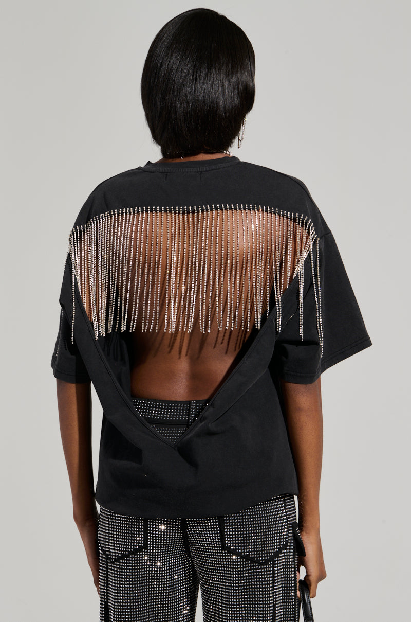 SMOKE & MIRRORS RHINESTONE FRINGE MINERAL WASH T-SHIRT