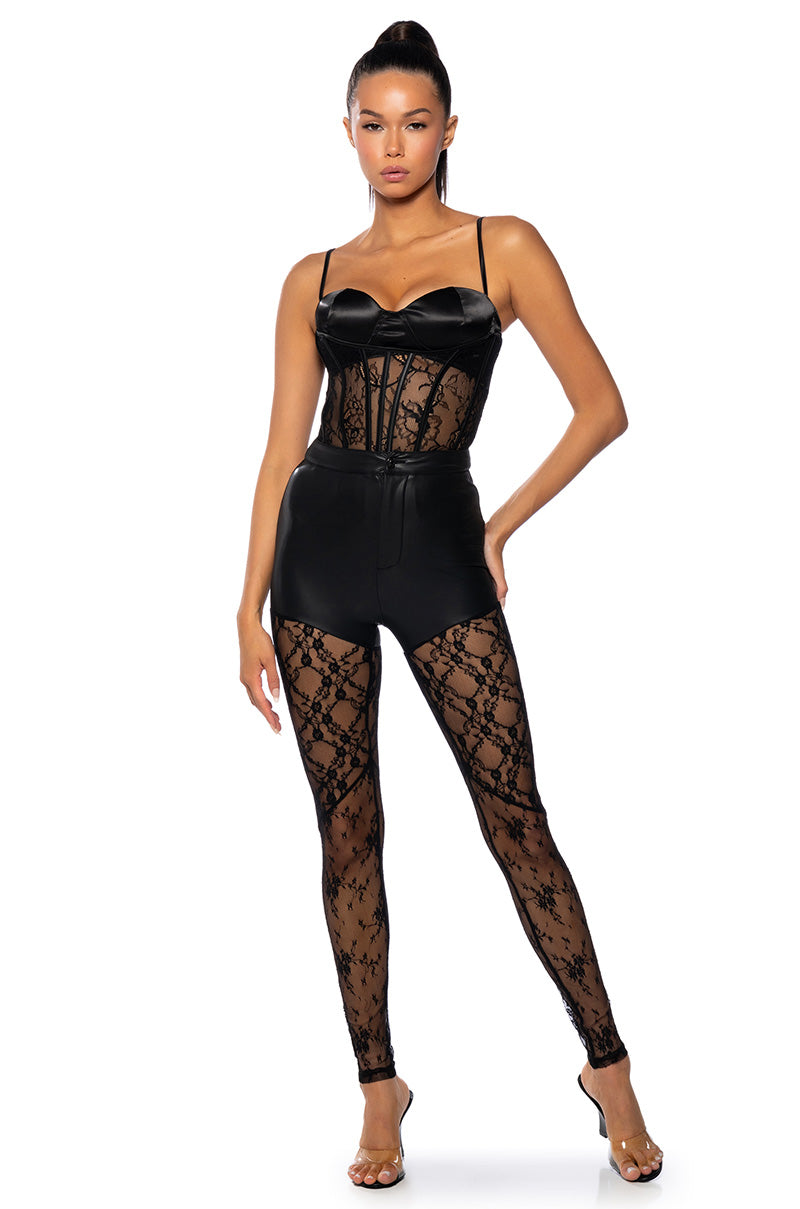 RIO LACE AND FAUX LEATHER HIGH WAIST PANT