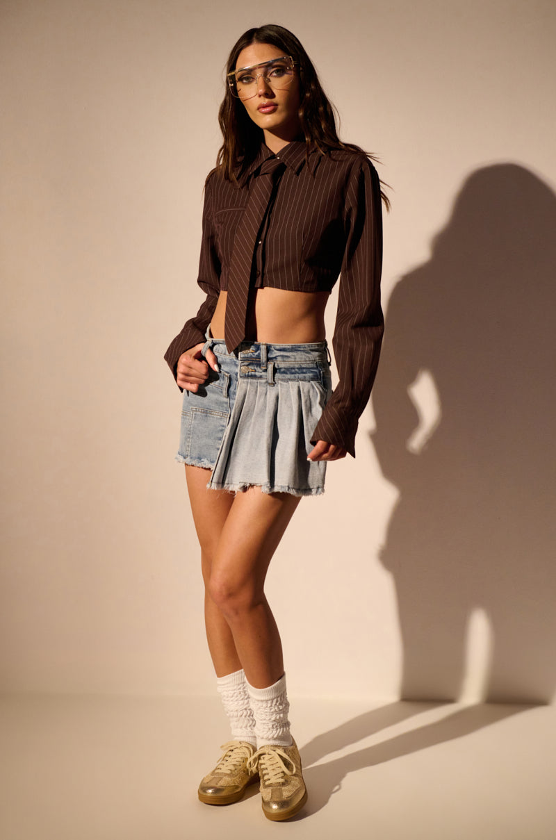 PLEATED OVERLAY ULTRA MINI DENIM SKIRT