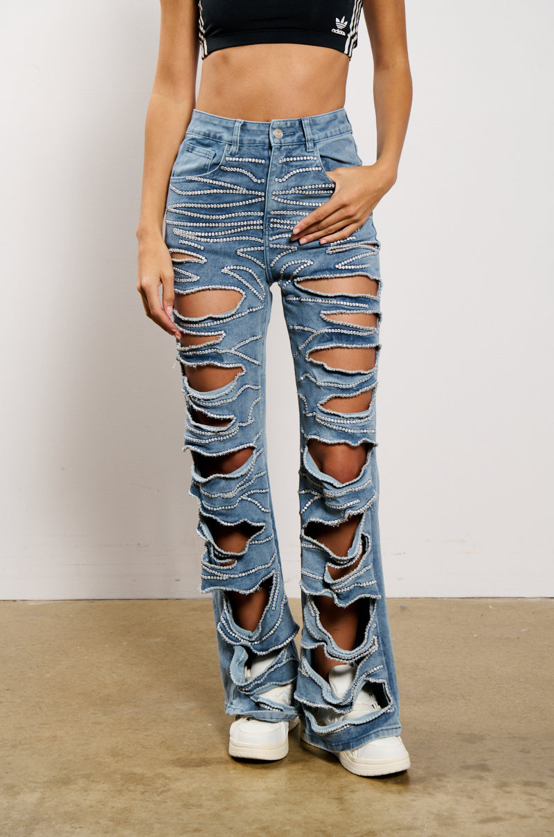 STRIPPED DOWN FLARE LEG DENIM PANT