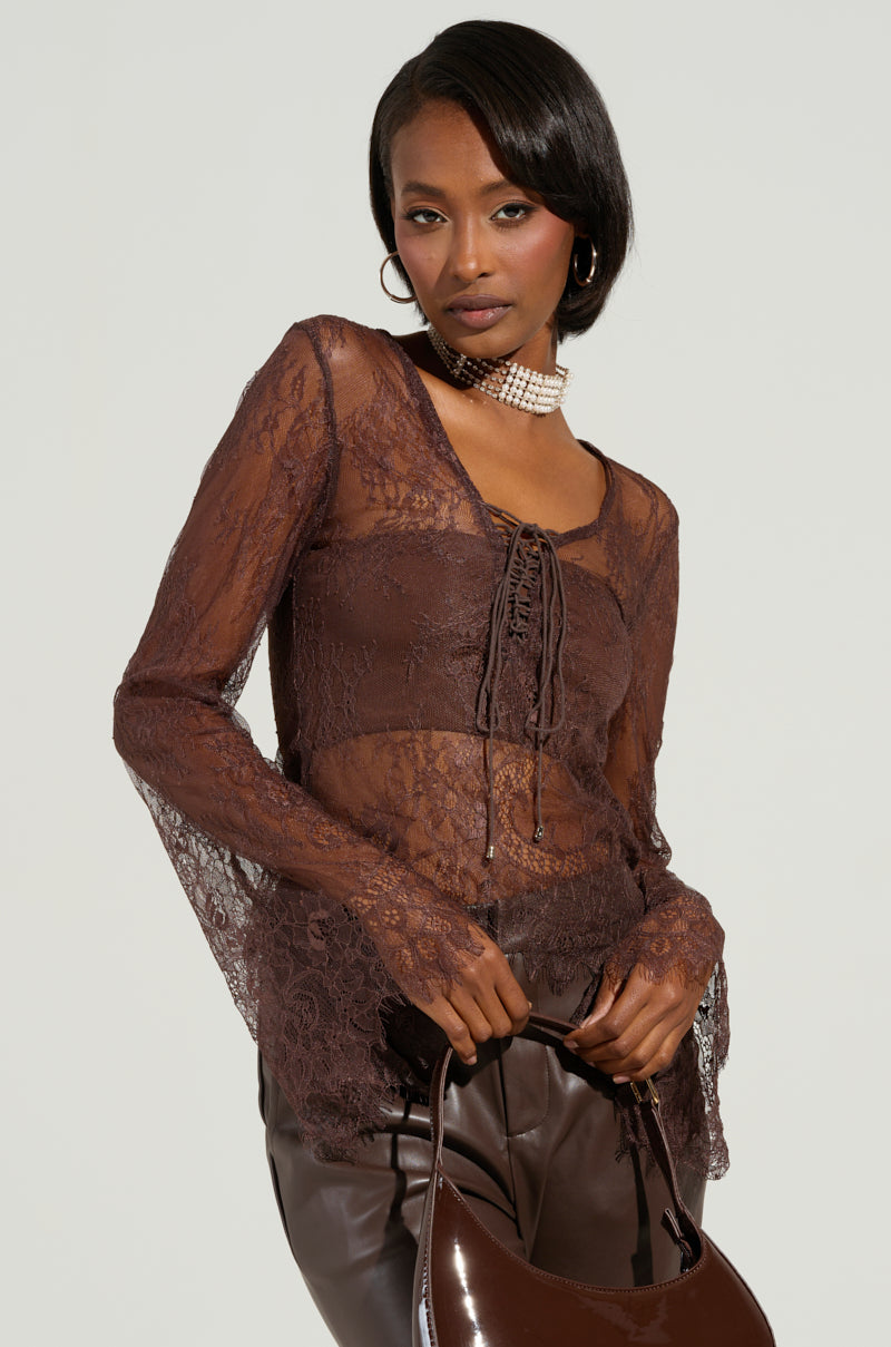 STARLIGHT LONG SLEEVE LACE BLOUSE IN BROWN