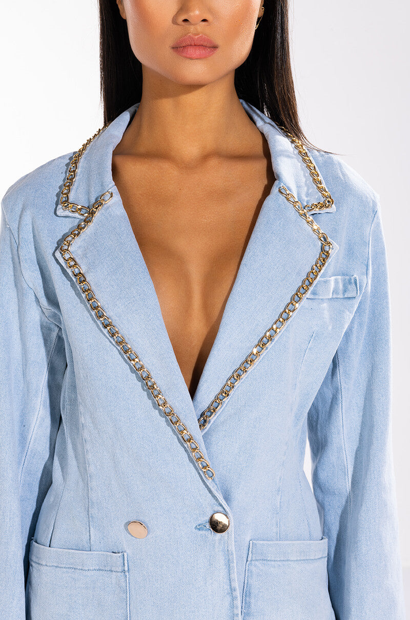 ME MYSELF AND I CHAIN DETAIL DENIM BLAZER