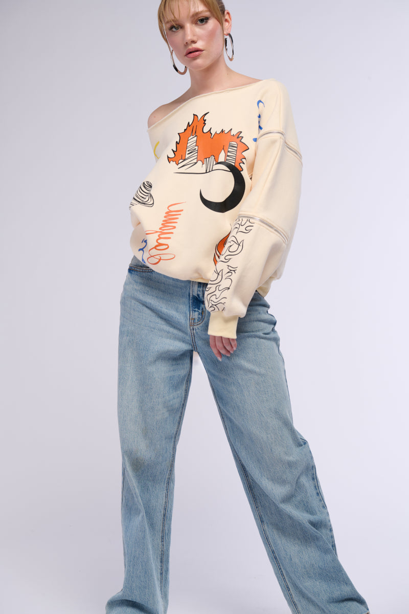 MONDRIAN OFF THE SHOULDER OVERSIZED SWEATSHIRT