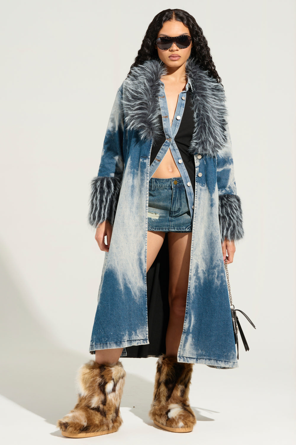 LIV FUR TRIM DENIM TRENCH