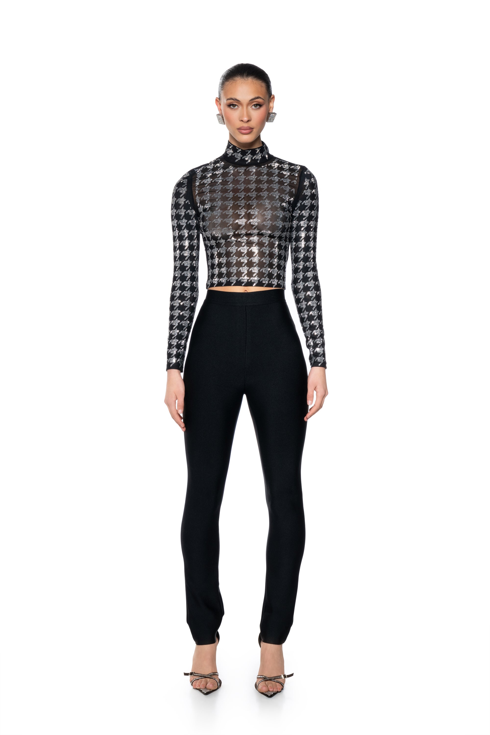 HOUNDSTOOTH GLAMOUR MOCK NECK LONG SLEEVE MESH TEE