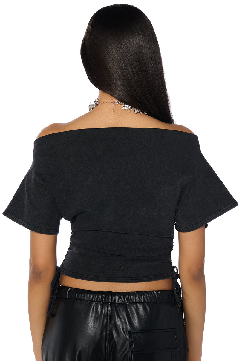 CRAZY IN LOVE SHORT SLEEVE OFF THE SHOULDER TSHIRT IN DARK GREY