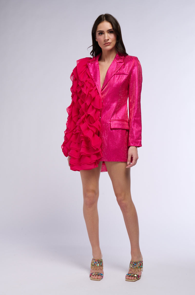 SHAKE IT HALF AND HALF RHINESTONE RUFFLE PARTY BLAZER