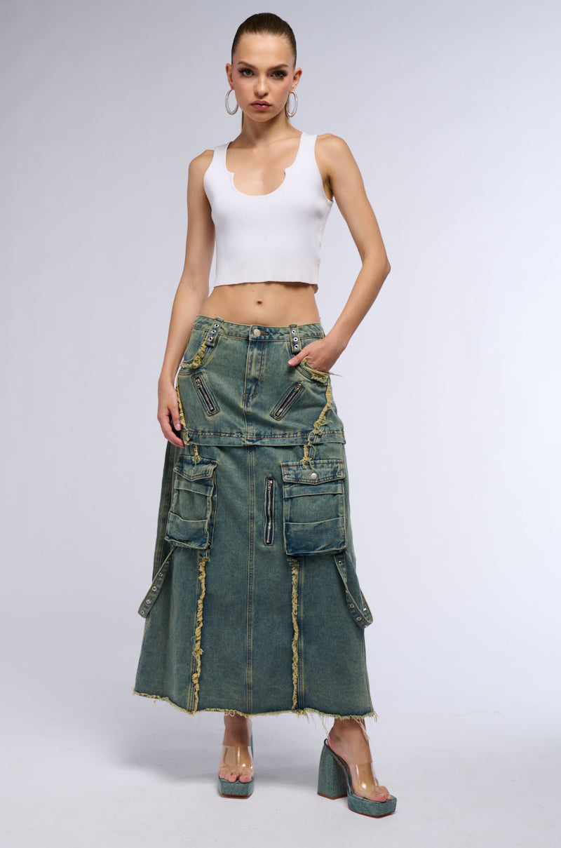 SAY IT AGAIN DISTRESSED MAXI DENIM SKIRT