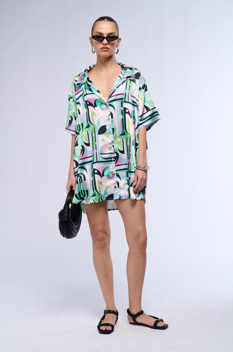 TAKE IT EASY SATIN BUTTON UP SHIRT DRESS