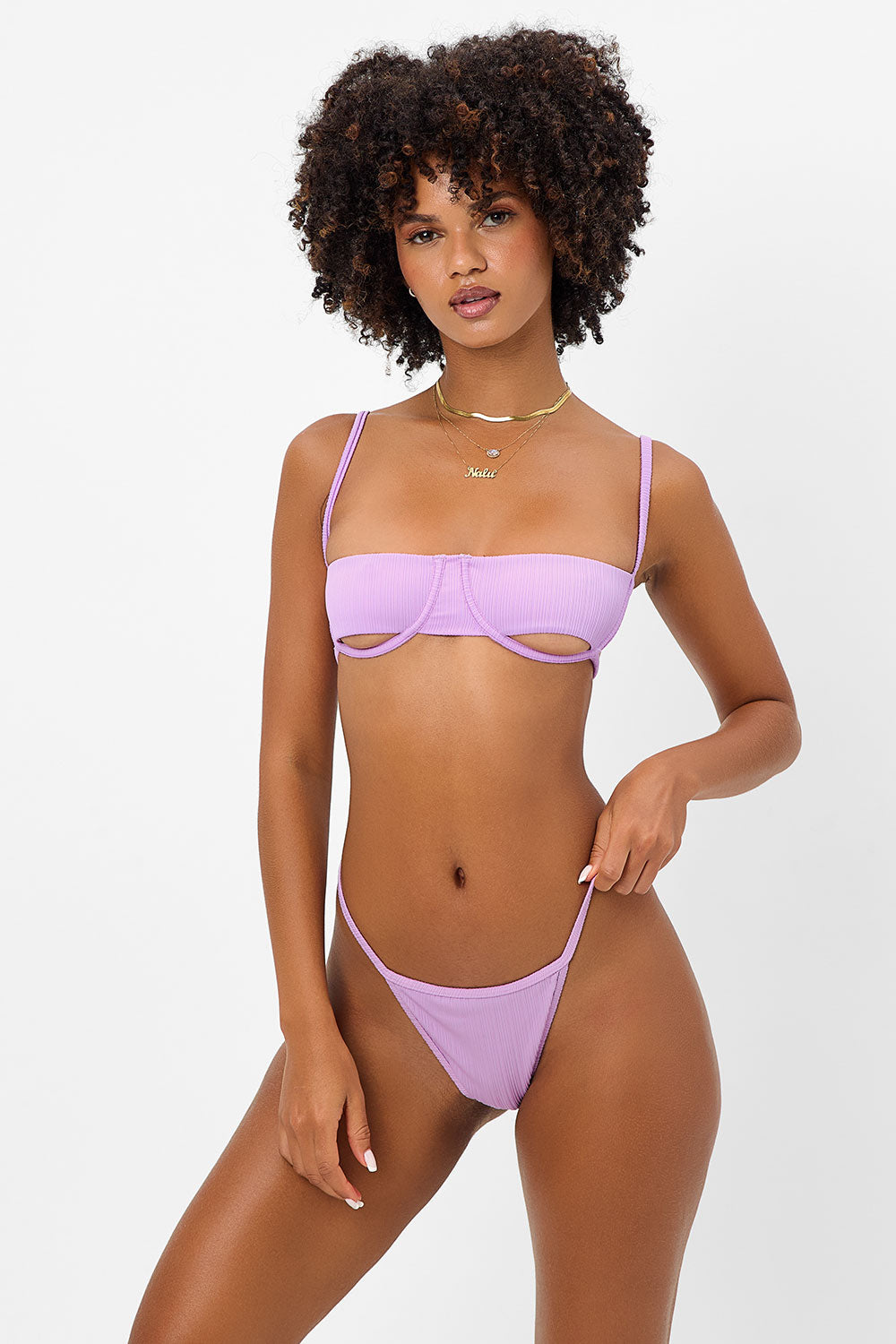 Harmony Plissé Thong Bikini Bottom - Wisteria