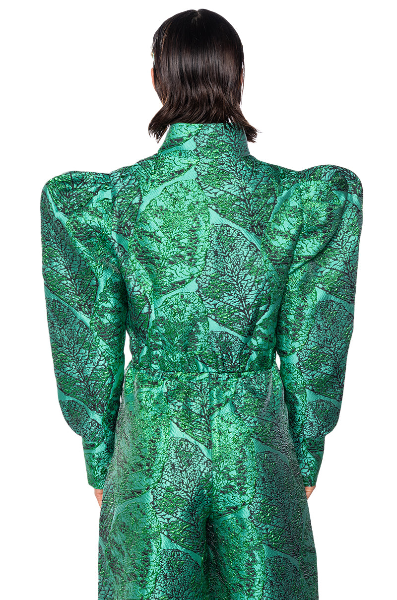 GREEN BROCADE PUFF SHOULDER BOMBER JACKET