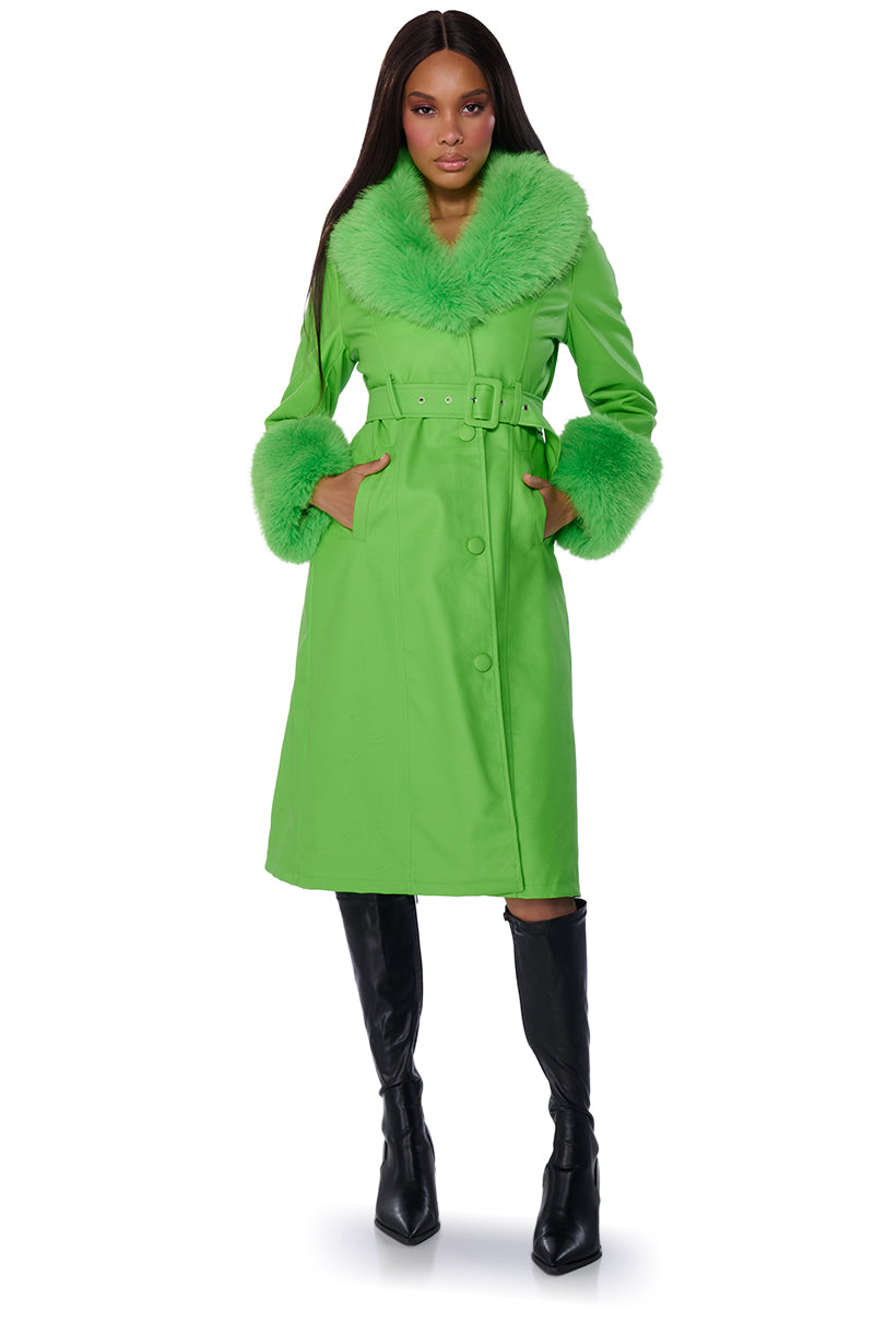 KAYA PU TRENCH WITH FUR LINING IN GREEN