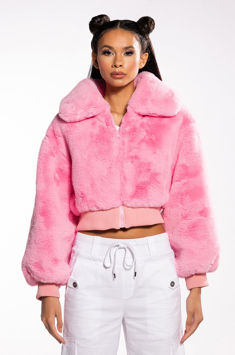 DREW FAUX FUR BOMBER WITH RIB TRIM