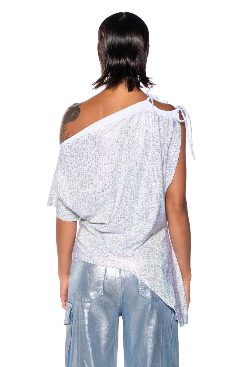 GLISTENING ASYMMETRICAL TSHIRT IN WHITE MULTI