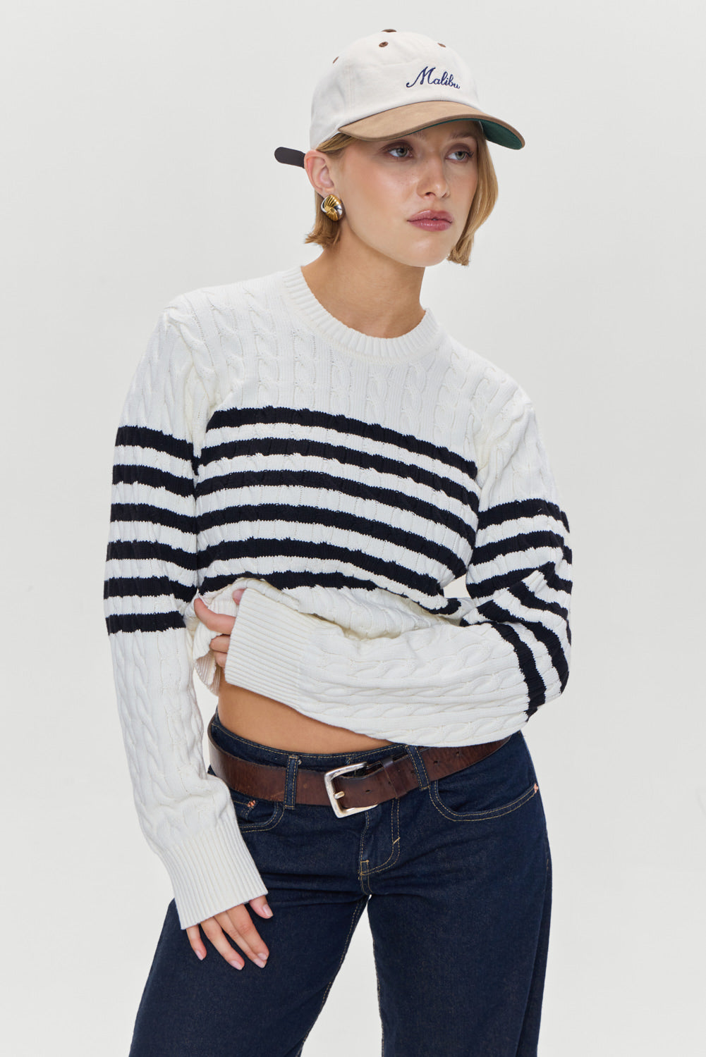 Varsity Striped Cable Knit Sweater - Ivory