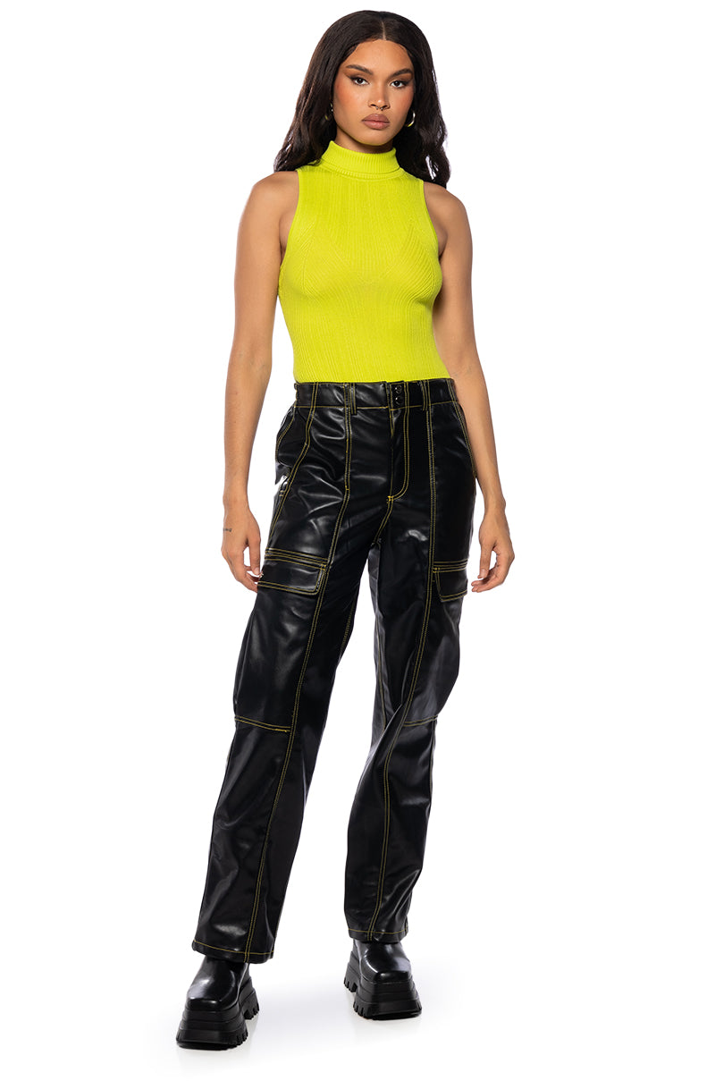 PAXTON SLEEVELESS SEXY TURTLENECK RIB BODYSUIT IN LIME