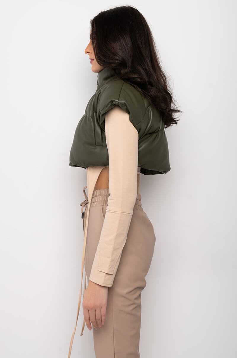 ULTRA CROP PU VEST WITH PULL STRINGS IN OLIVE