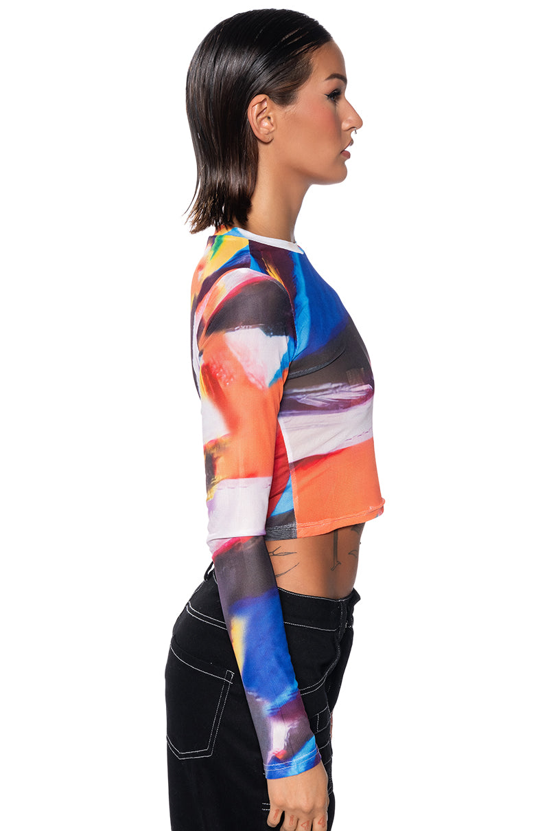 ABSTRACT ART LONG SLEEVE MESH TOP