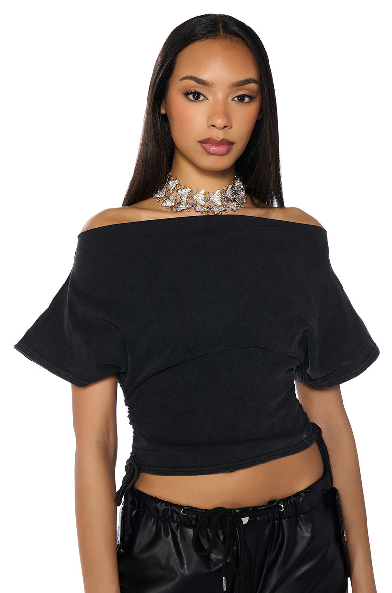 CRAZY IN LOVE SHORT SLEEVE OFF THE SHOULDER TSHIRT IN DARK GREY