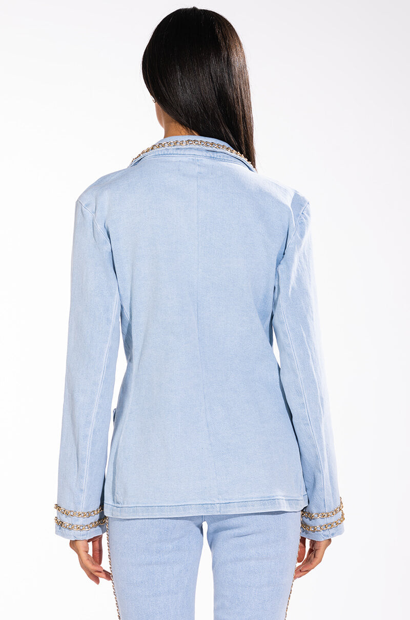 ME MYSELF AND I CHAIN DETAIL DENIM BLAZER