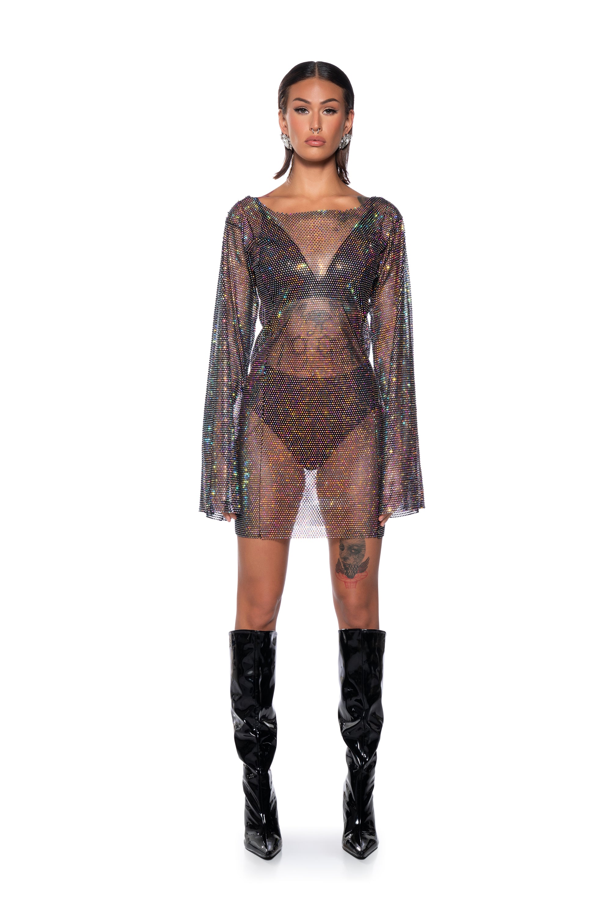 ANAIS RHINESTONE MESH LONG SLEEVE MINI DRESS IN BLACK